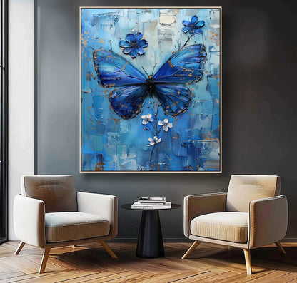 Beautiful Blue Butterfly Oil Painting with Floral Accents for Elegant Home Decor