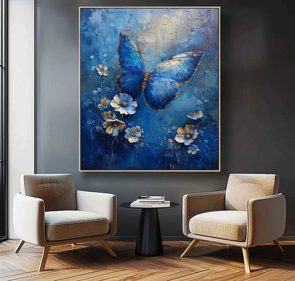 Stunning Blue Butterfly Oil Painting with Floral Accents for Vibrant Home Decor
