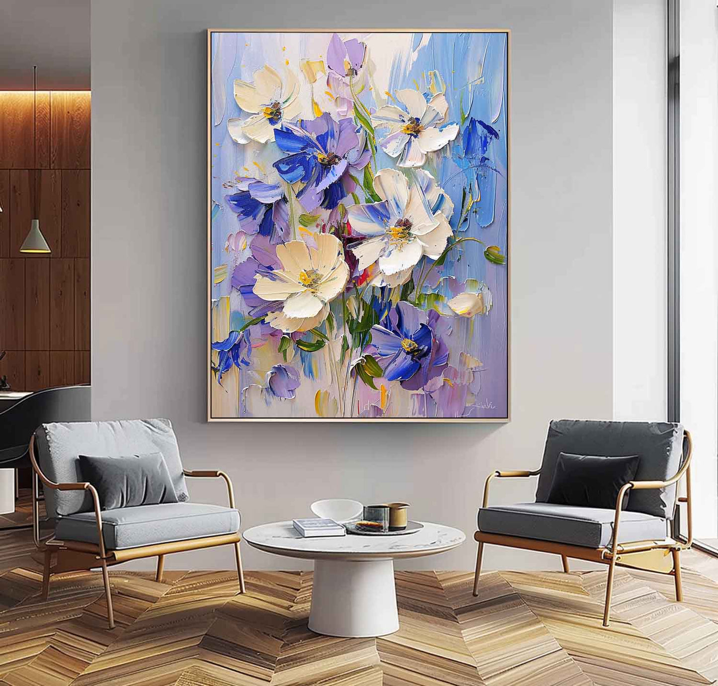 Vibrant Floral Oil Painting - Beautiful Blue and White Flower Art for Home Decor