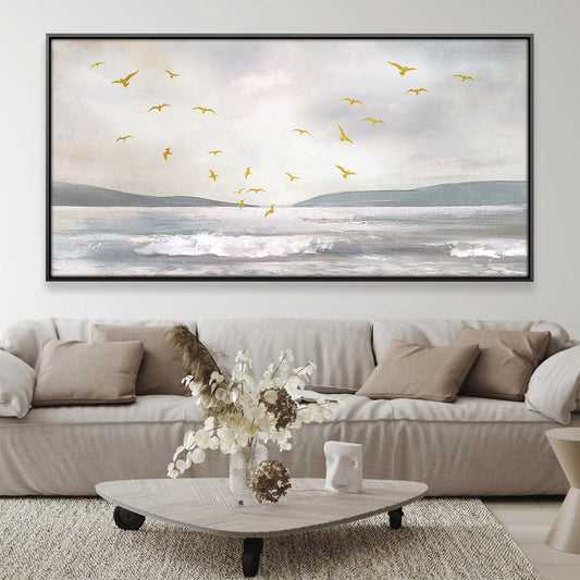 Serene Coastal Birds Landscape Oil Painting for Elegant Home Decor