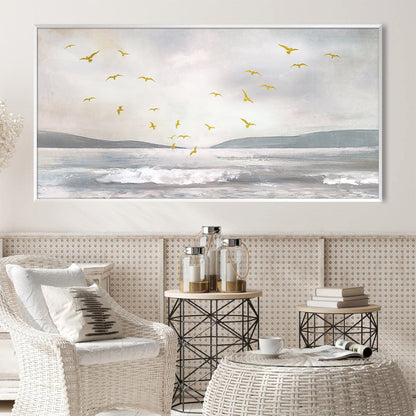 Serene Coastal Birds Landscape Oil Painting for Elegant Home Decor