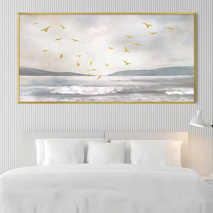 Serene Coastal Birds Landscape Oil Painting for Elegant Home Decor