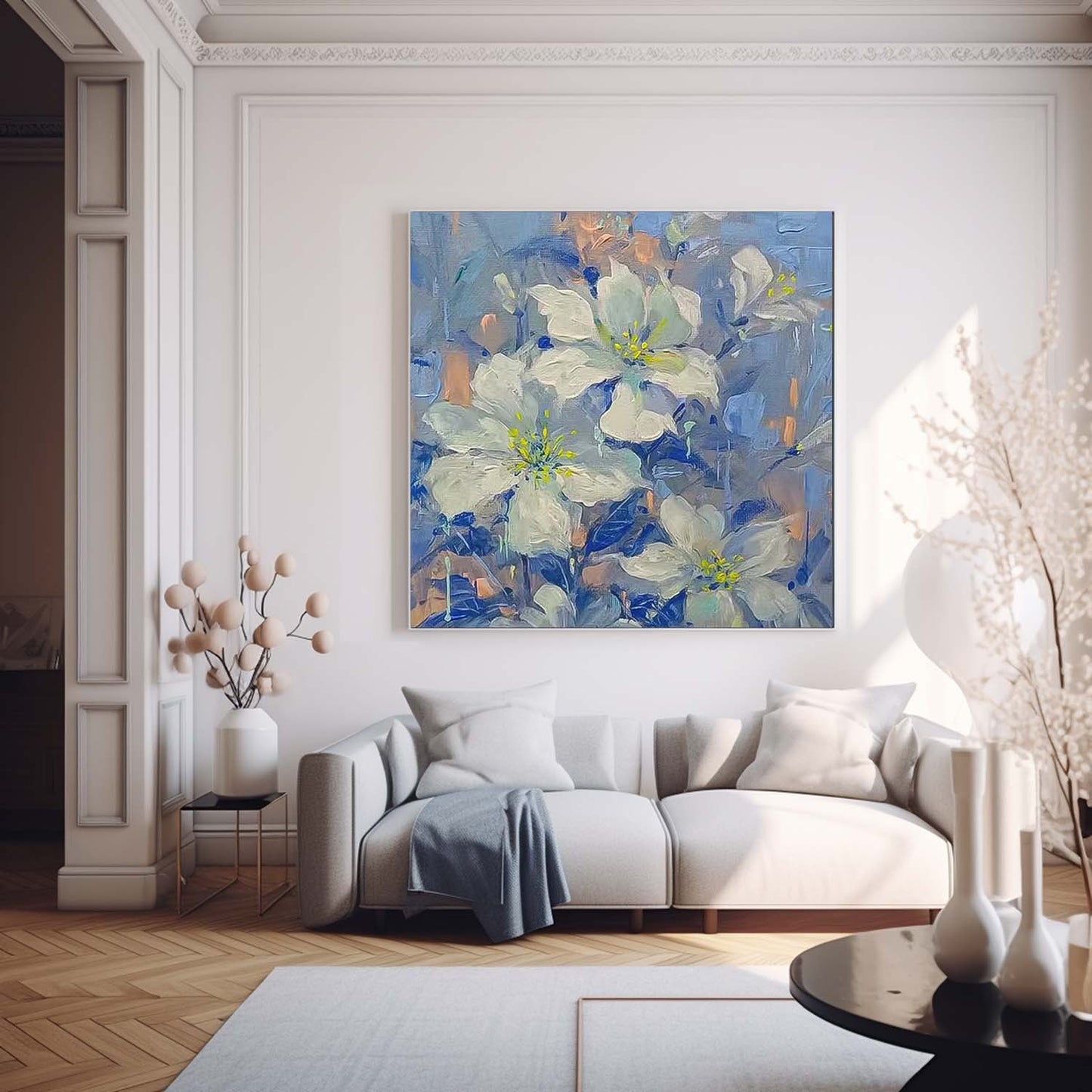 Elegant White Flower Oil Painting with Blue Background for Home Décor