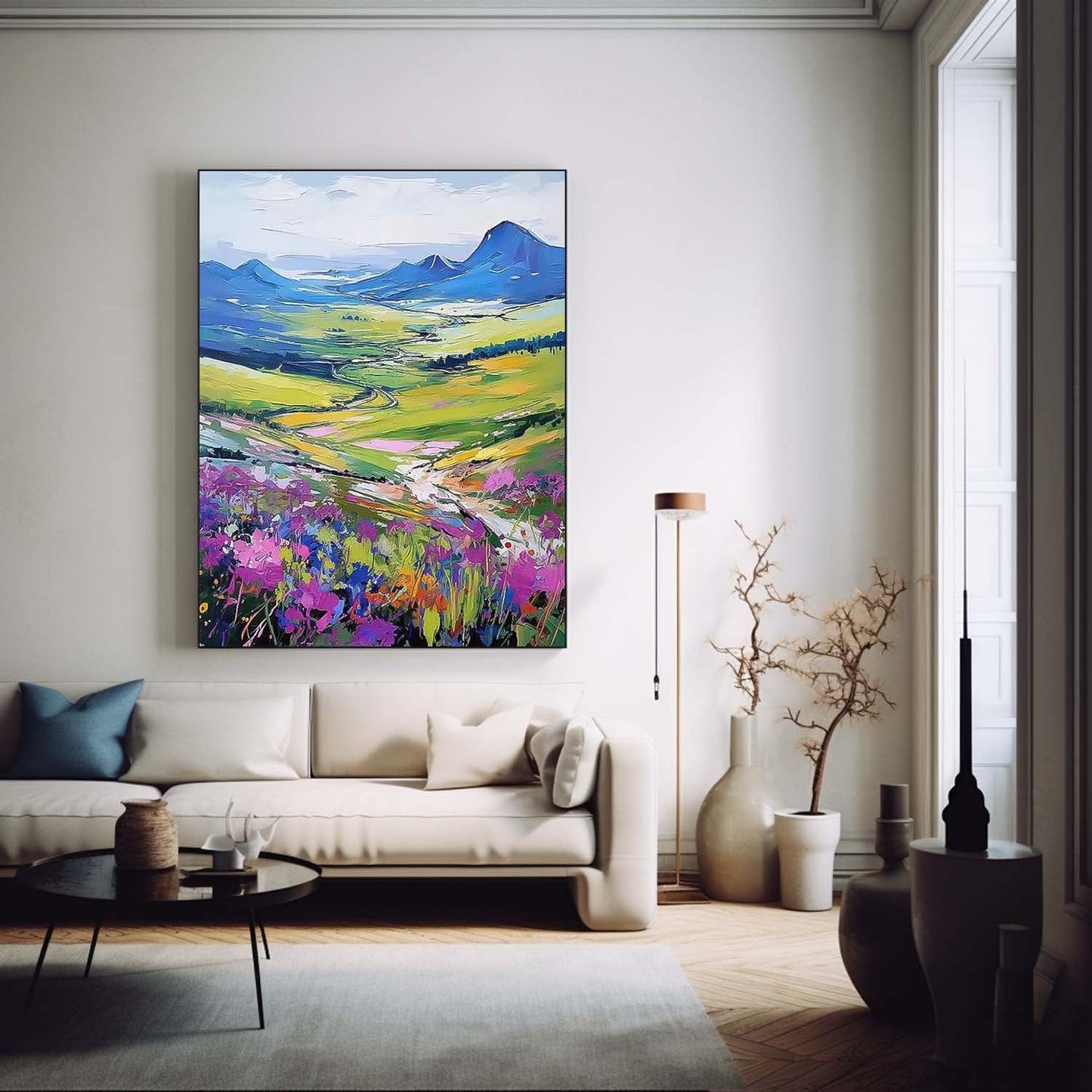 Vibrant Landscape Oil Painting with Colorful Flowers and Scenic Hillside View