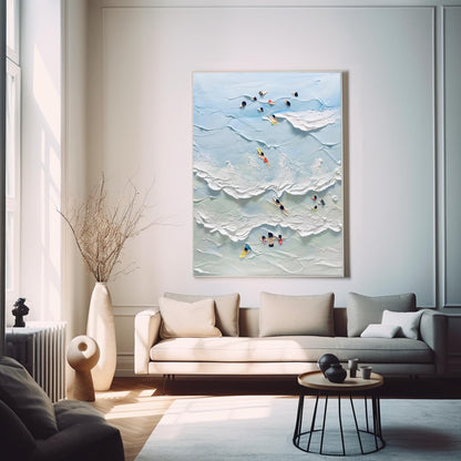 Vibrant Beach Scene Oil Painting with Swimmers and Ocean Waves