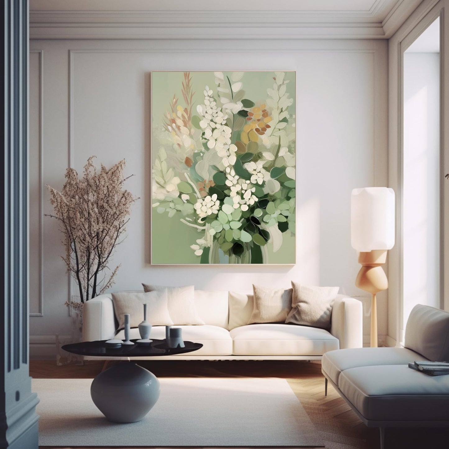 Elegant Floral Oil Painting for Home Décor – Green and White Bouquet Artwork