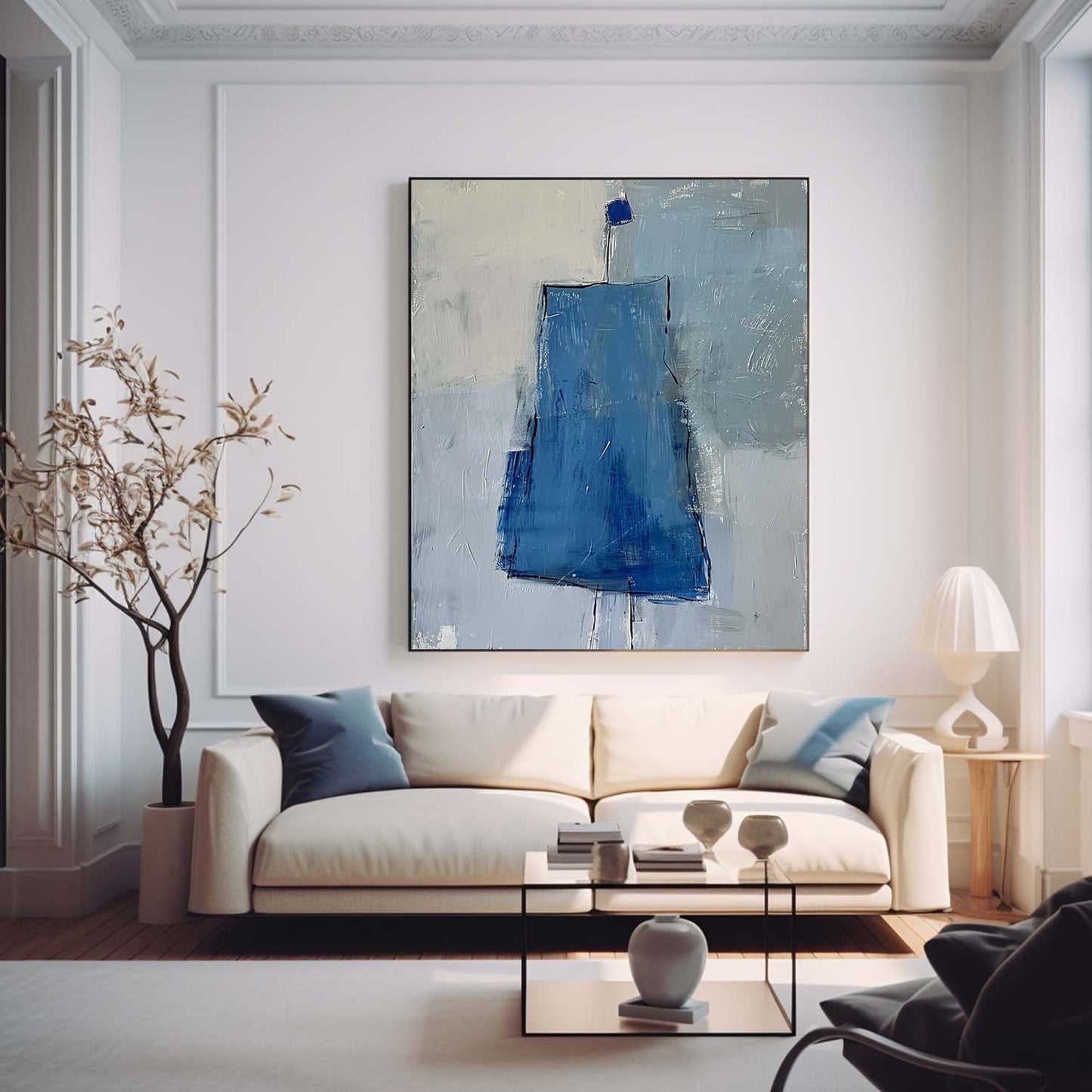 Abstract Blue Minimalist Oil Painting for Contemporary Home Decor