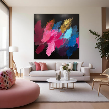 Vibrant Abstract Oil Painting with Colorful Floral Brushstrokes on Black Canvas