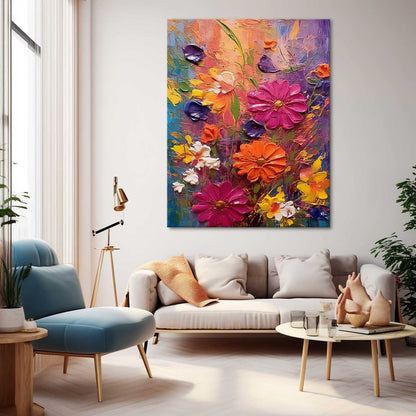 Vibrant Floral Oil Painting on Canvas - Colorful Nature Wall Art Decor
