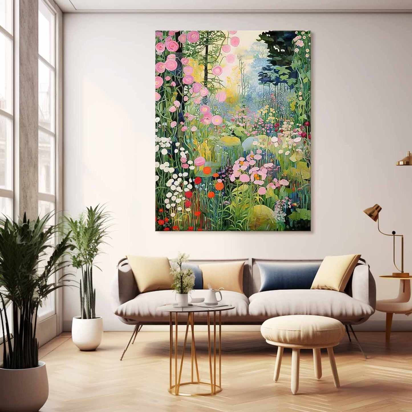 Vibrant Floral Landscape Oil Painting for Home Decor and Garden Inspiration