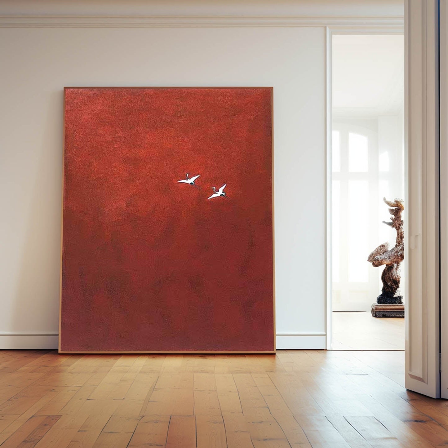 Elegant Red Minimalist Oil Painting with Birds in Flight for Modern Home Décor