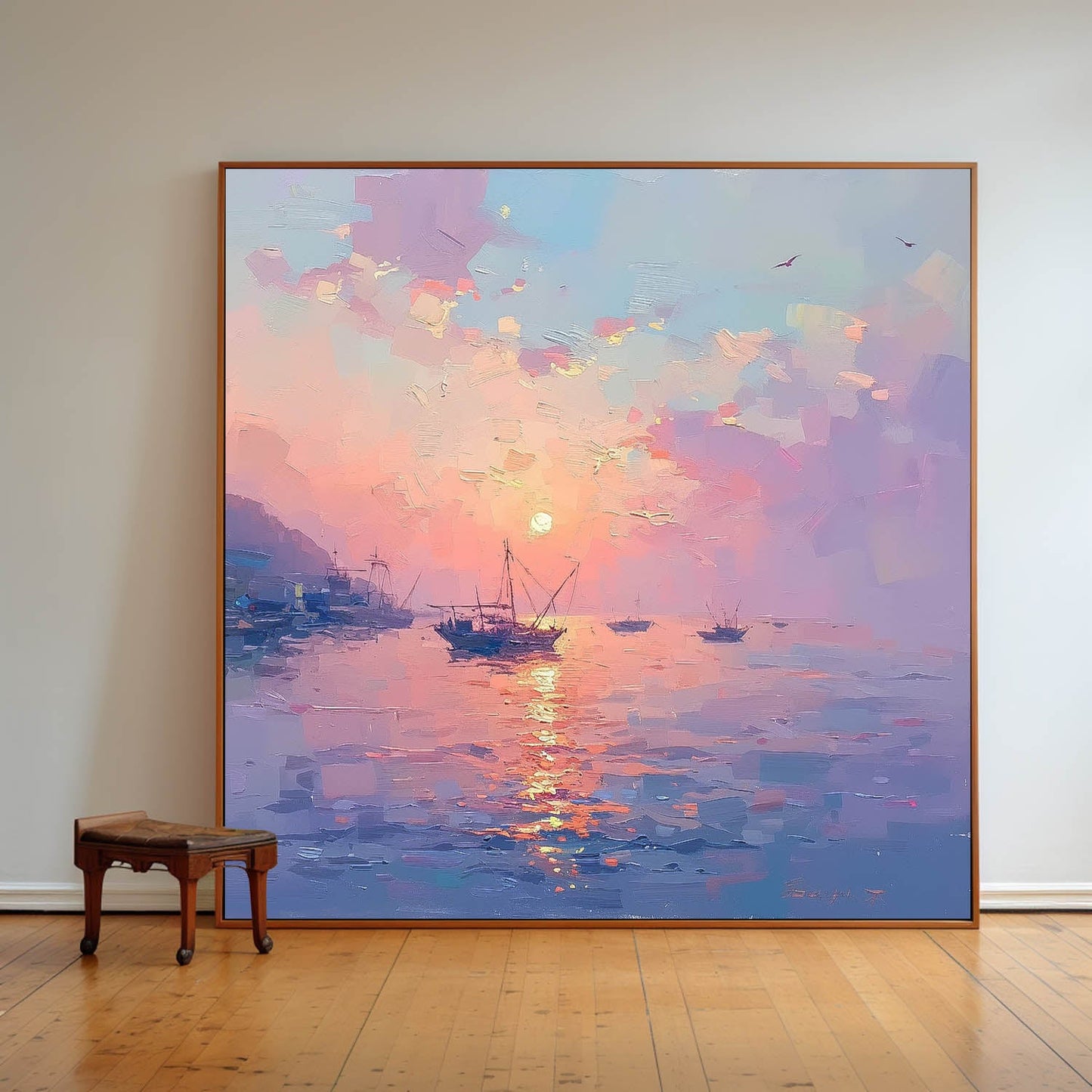 Majestic Sunset Over Tranquil Waters - Serene Oil Painting for Home Decor