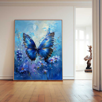 Vibrant Blue Butterfly Oil Painting on Canvas with Floral Accents