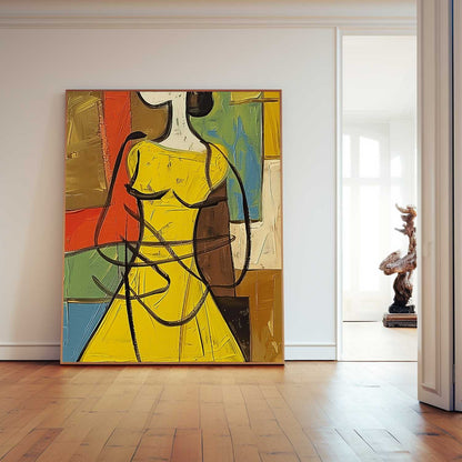 Vibrant Woman in Yellow Dress Abstract Oil Painting for Contemporary Decor