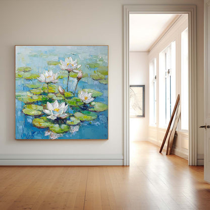 Serene Lotus Flowers Oil Painting on Canvas for Tranquil Home Decor