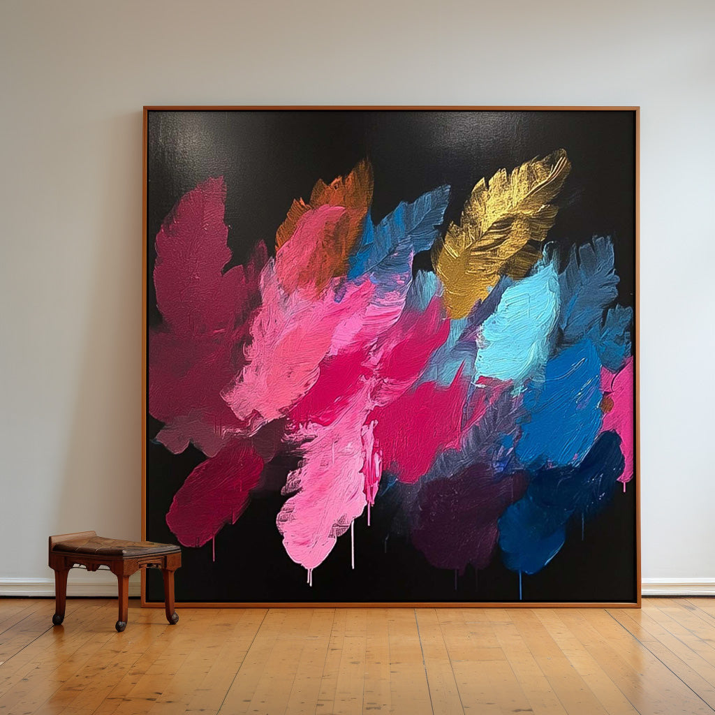Vibrant Abstract Oil Painting with Colorful Floral Brushstrokes on Black Canvas
