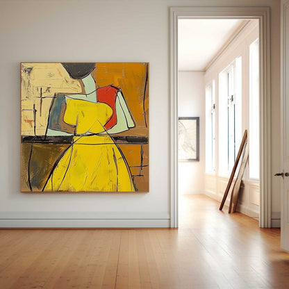 Colorful Abstract Oil Painting of a Woman in Yellow Dress - Modern Canvas Art