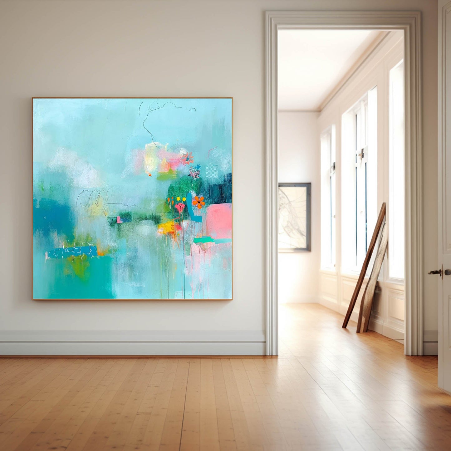 Vibrant Abstract Oil Painting with Flowers and Colorful Swirls for Modern Decor