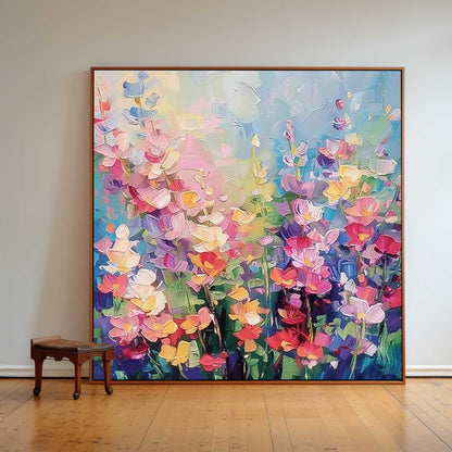 Vibrant Floral Oil Painting with Colorful Blooms and Lush Garden Background