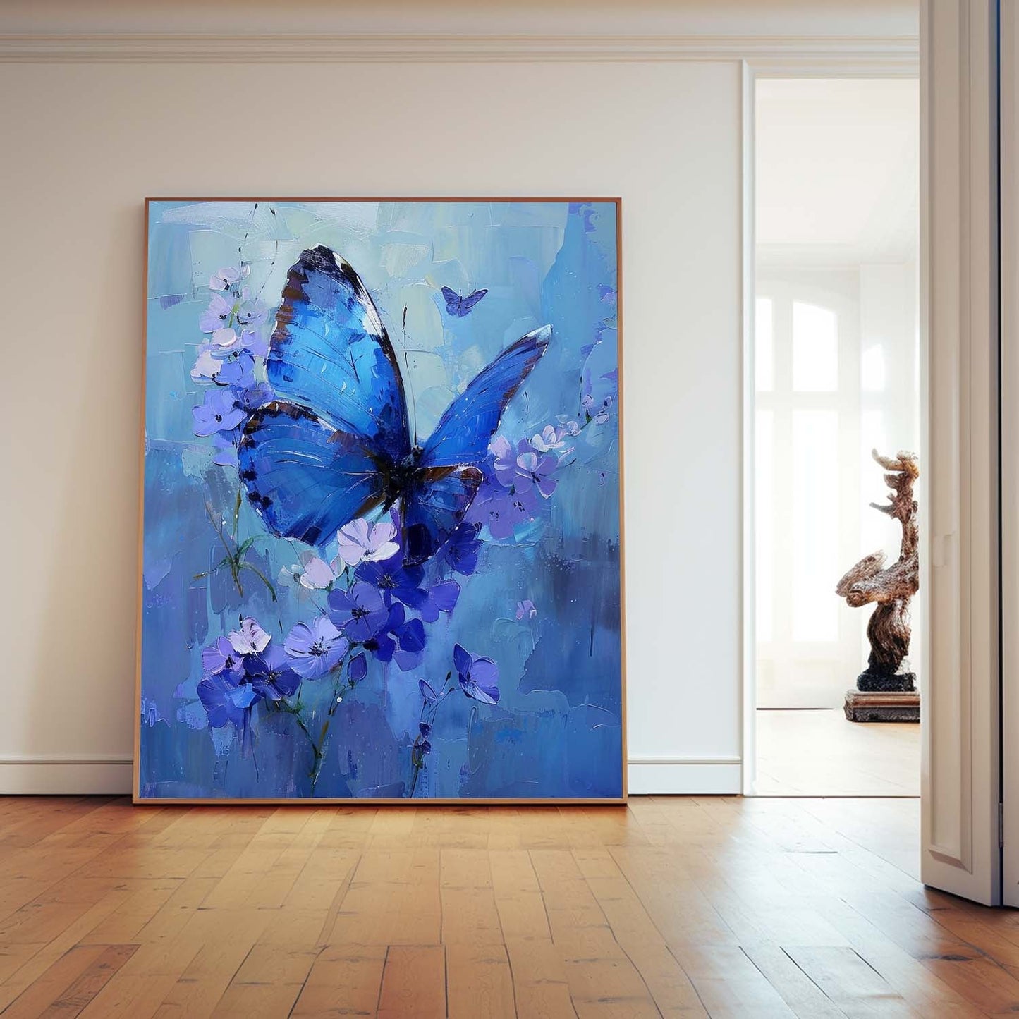 Stunning Blue Butterfly Oil Painting with Floral Accents for Elegant Home Decor