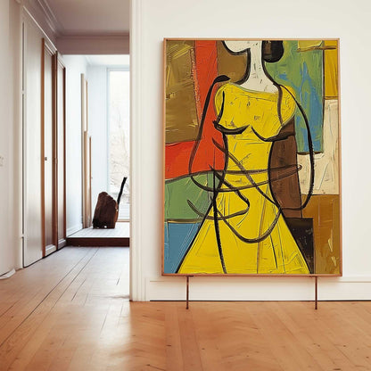 Vibrant Woman in Yellow Dress Abstract Oil Painting for Contemporary Decor