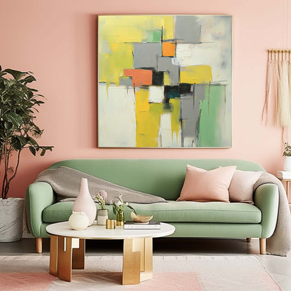 Vibrant Abstract Oil Painting with Geometric Shapes and Bold Colors for Modern Decor
