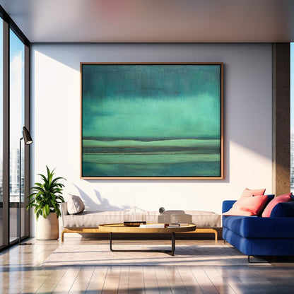 Serene Minimalist Oil Painting in Tranquil Green Hues for Modern Decor