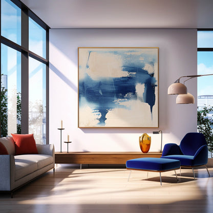 Contemporary Abstract Oil Painting in Blue and Cream for Modern Home Decor
