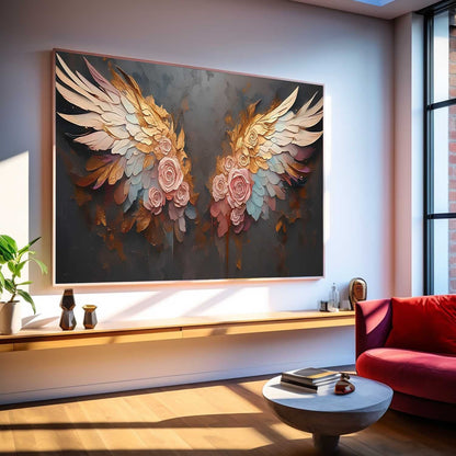 Elegant Floral Wings Oil Painting - Vibrant Pink Roses on Dark Canvas