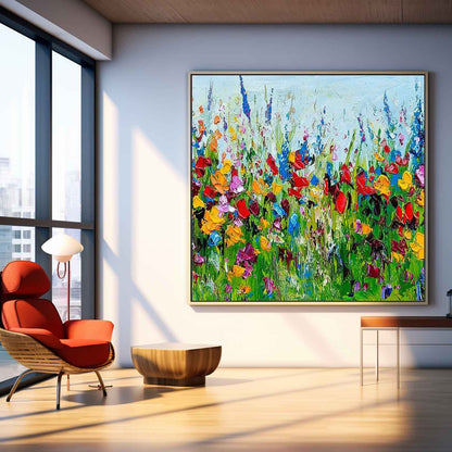Vibrant Floral Oil Painting - Colorful Flower Garden Canvas Art for Home Decor