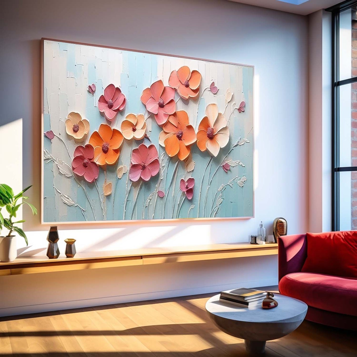 Vibrant Floral Oil Painting with Textured Blossoms on Light Blue Background