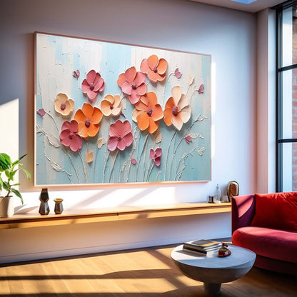 Vibrant Floral Oil Painting with Textured Blossoms on Light Blue Background