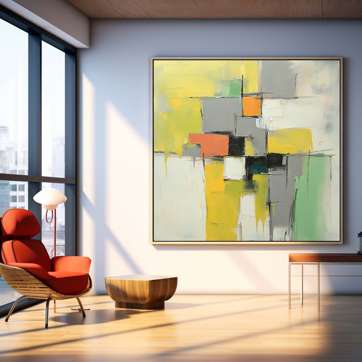 Vibrant Abstract Oil Painting with Geometric Shapes and Bold Colors for Modern Decor