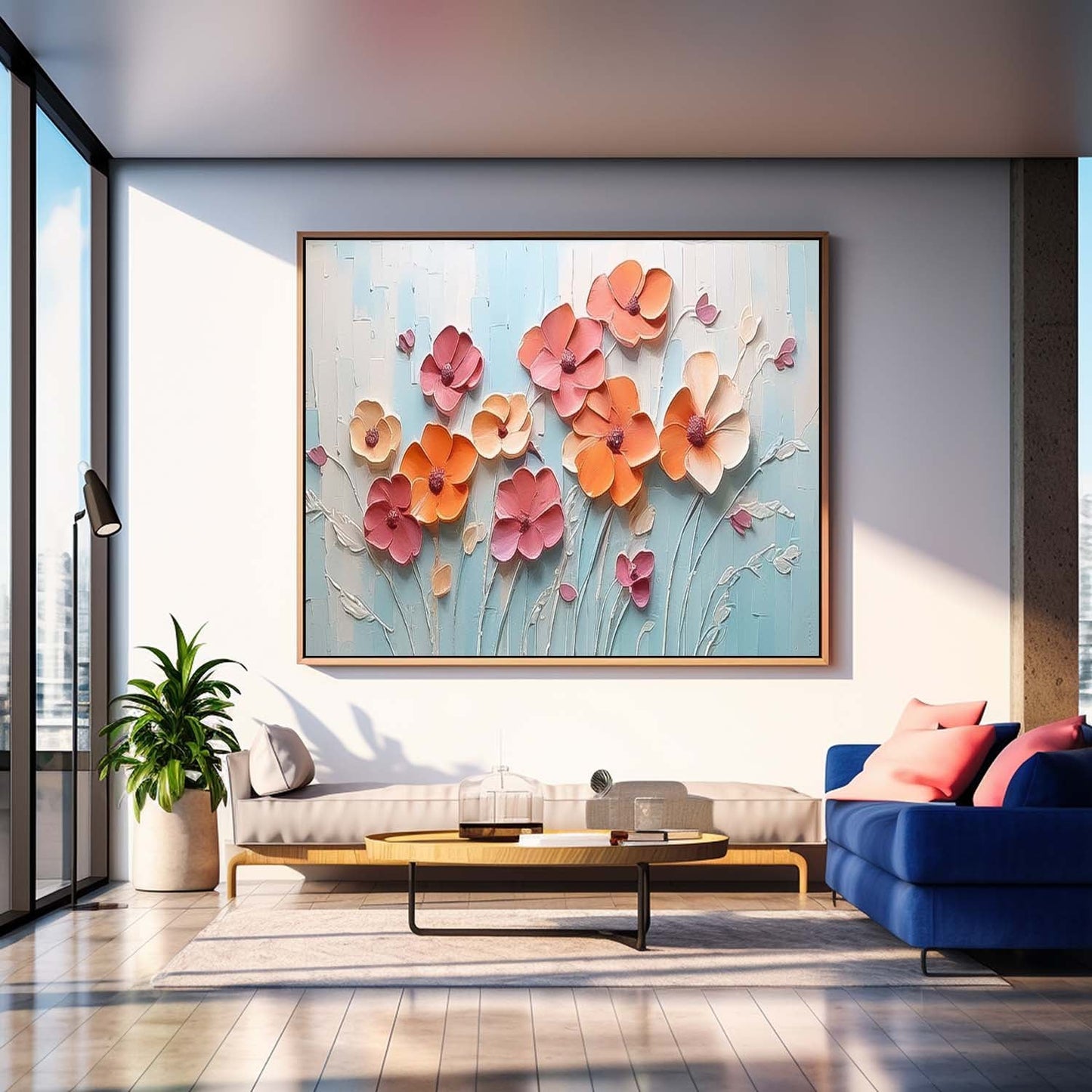Vibrant Floral Oil Painting with Textured Blossoms on Light Blue Background