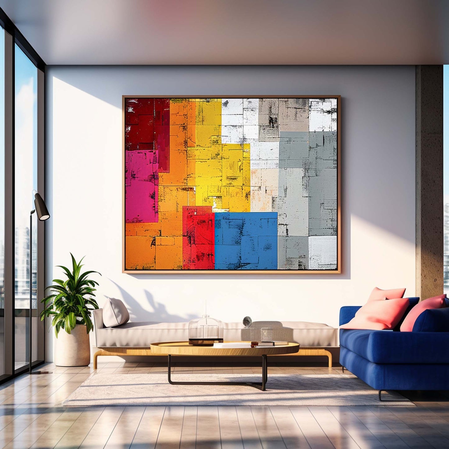Vibrant Abstract Oil Painting with Colorful Geometric Shapes for Modern Decor