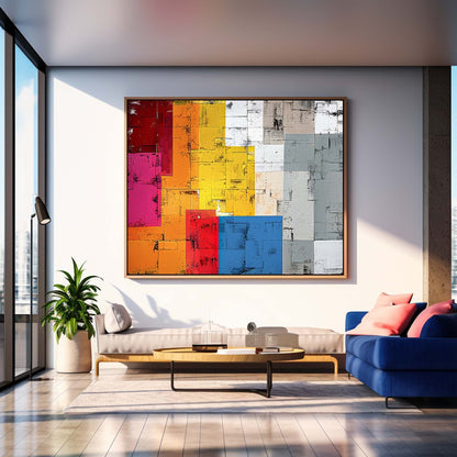 Vibrant Abstract Oil Painting with Colorful Geometric Shapes for Modern Decor