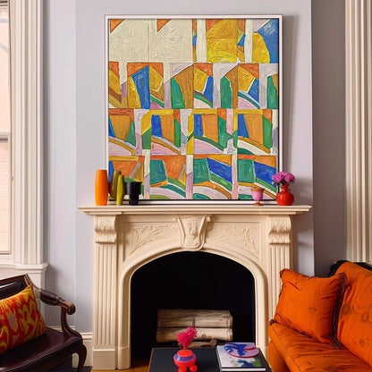 Vibrant Geometric Abstract Oil Painting for Modern Home Decor