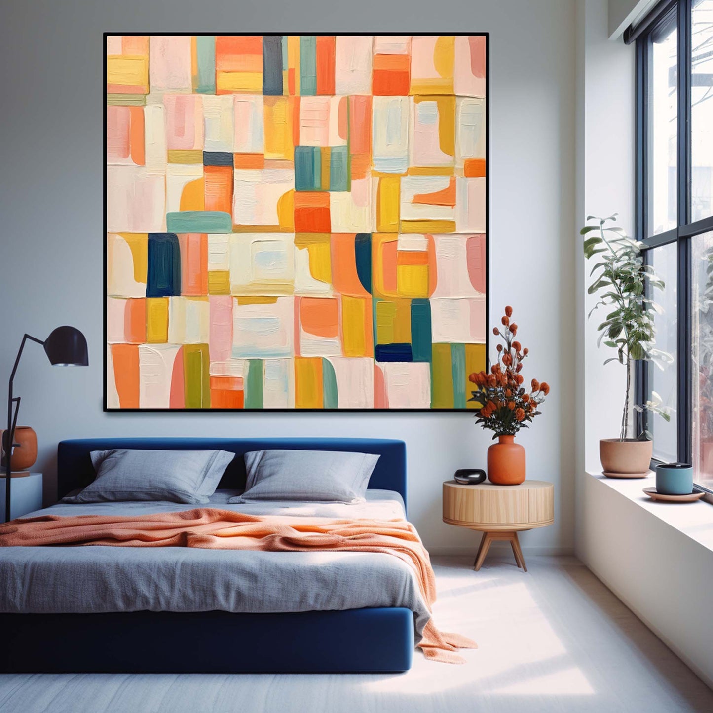 Vibrant Abstract Oil Painting with Colorful Geometric Patterns for Modern Decor