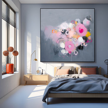 Whimsical Abstract Oil Painting with Pink and Gray Swirls for Modern Decor