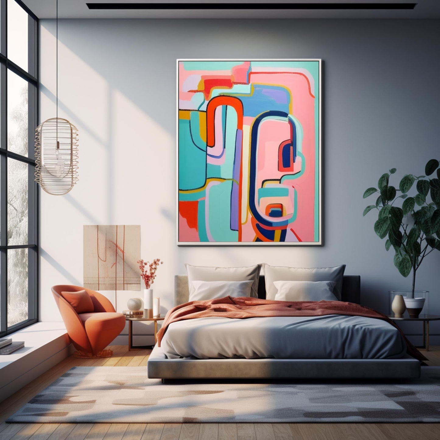Vibrant Abstract Oil Painting with Colorful Geometric Shapes for Modern Decor