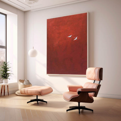 Elegant Red Minimalist Oil Painting with Birds in Flight for Modern Home Décor