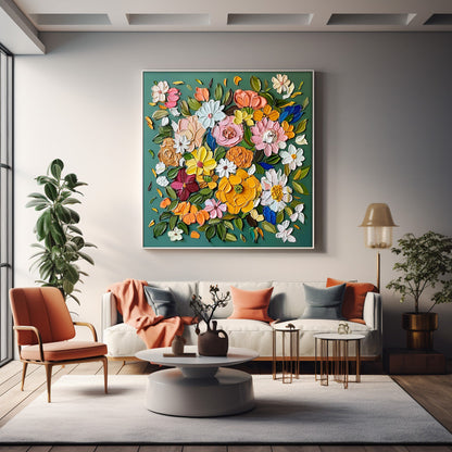 Vibrant Floral Oil Painting on Canvas – Colorful Blossom Art for Home Décor