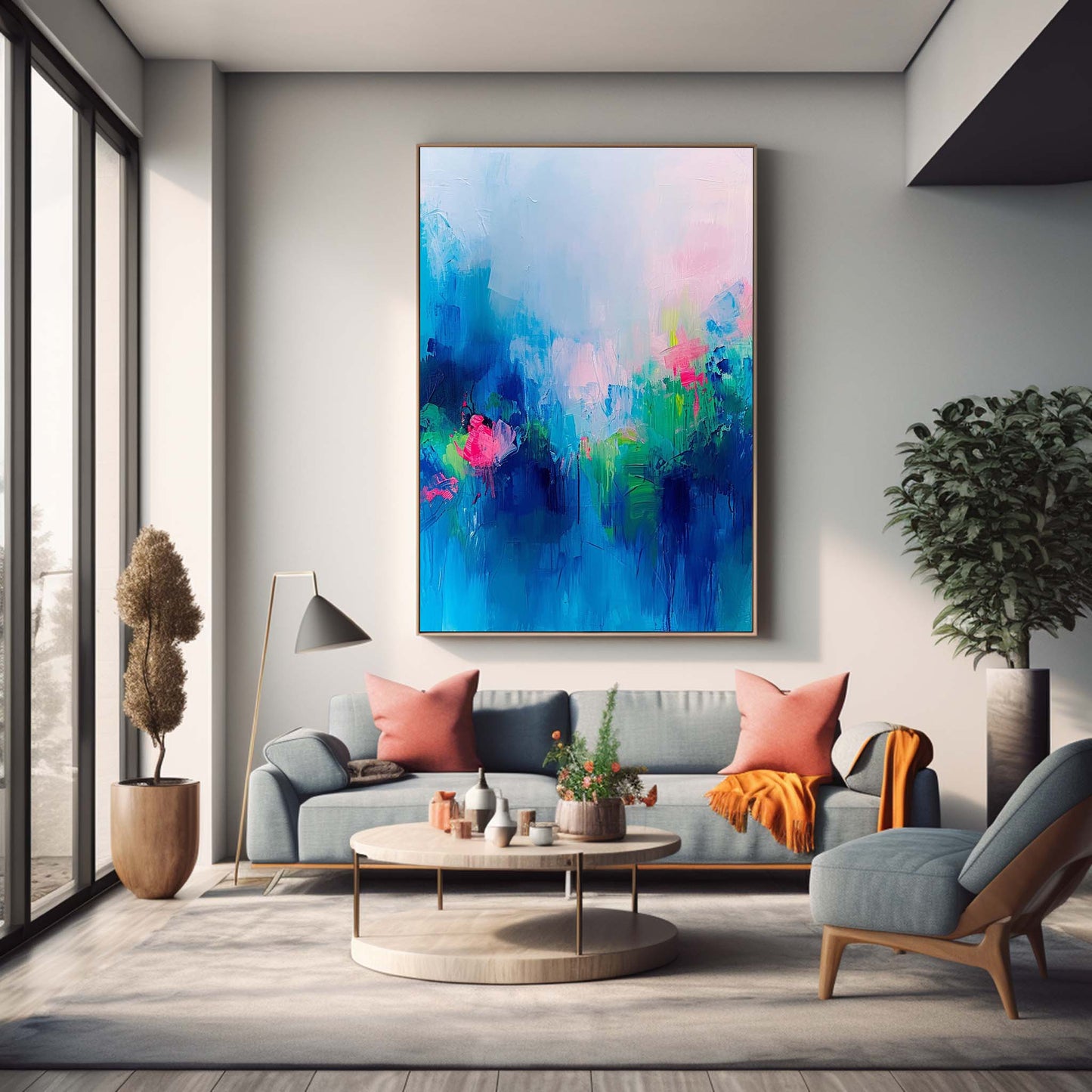 Vibrant Abstract Floral Oil Painting in Blue and Pink Tones for Home Décor