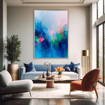 Vibrant Abstract Floral Oil Painting in Blue and Pink Tones for Home Décor