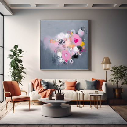 Whimsical Abstract Oil Painting with Pink and Gray Swirls for Modern Decor