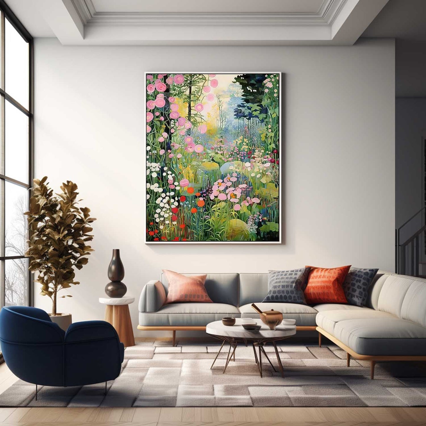 Vibrant Floral Landscape Oil Painting for Home Decor and Garden Inspiration