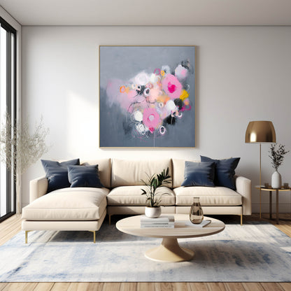 Whimsical Abstract Oil Painting with Pink and Gray Swirls for Modern Decor