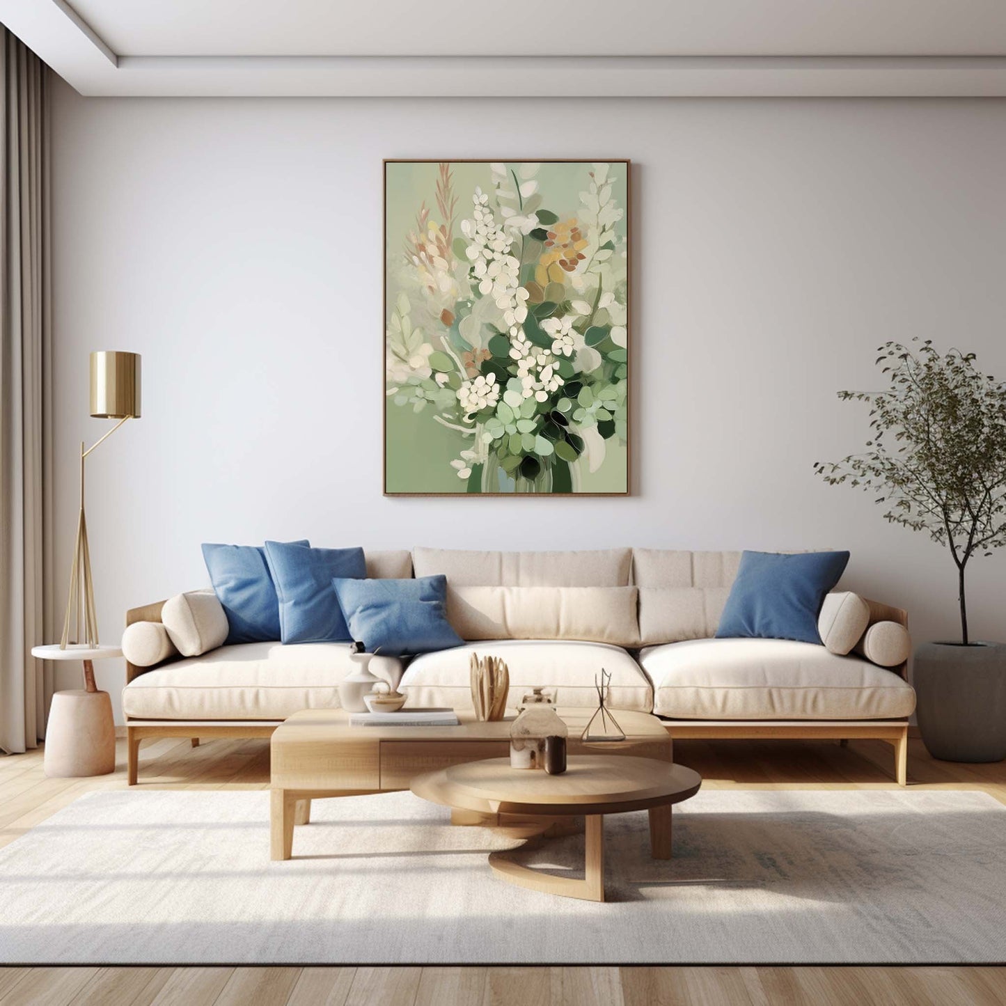 Elegant Floral Oil Painting for Home Décor – Green and White Bouquet Artwork