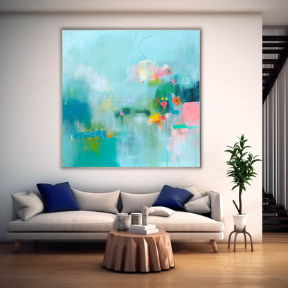 Vibrant Abstract Oil Painting with Flowers and Colorful Swirls for Modern Decor