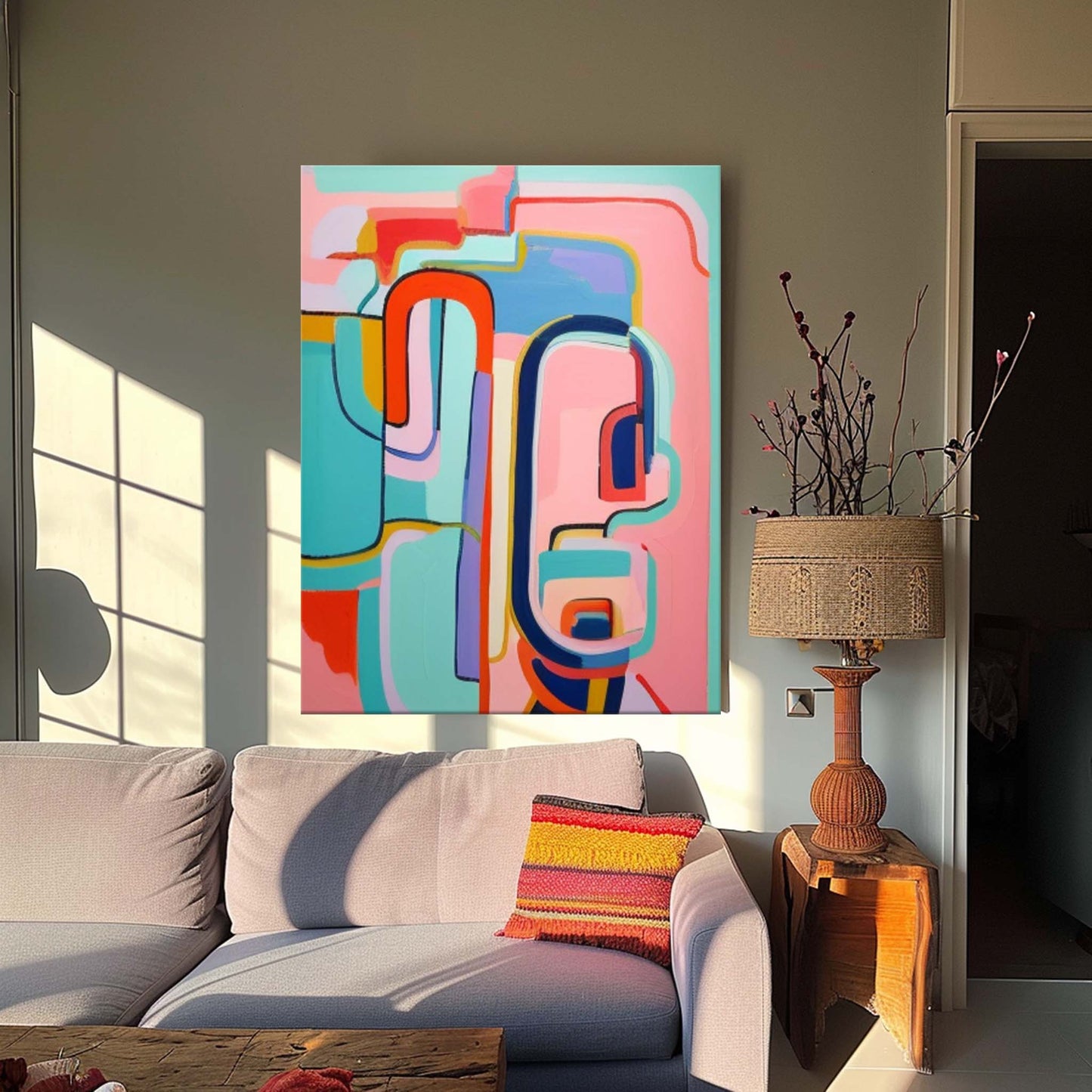 Vibrant Abstract Oil Painting with Colorful Geometric Shapes for Modern Decor